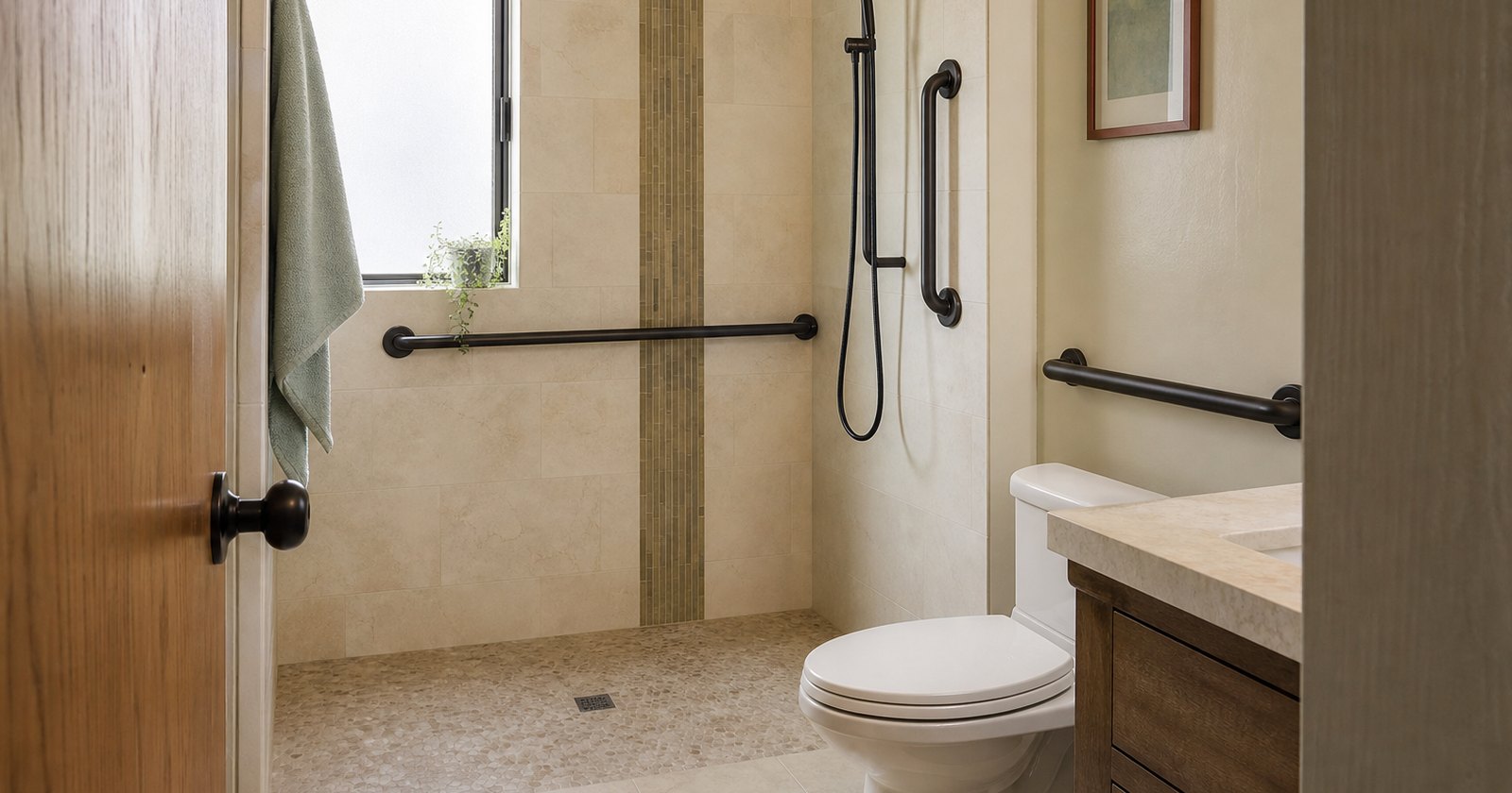 Modest rental bathroom with a curbless shower and securely mounted grab bars