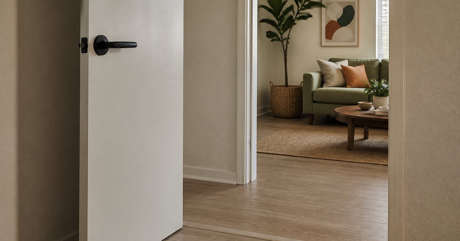 Wide apartment doorway with a flush threshold and easy-grip lever hardware