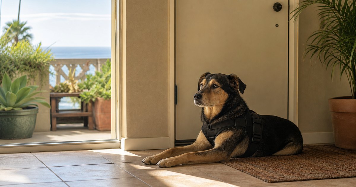 Calm unbranded assistance dog resting near the entry of a modest California apartment