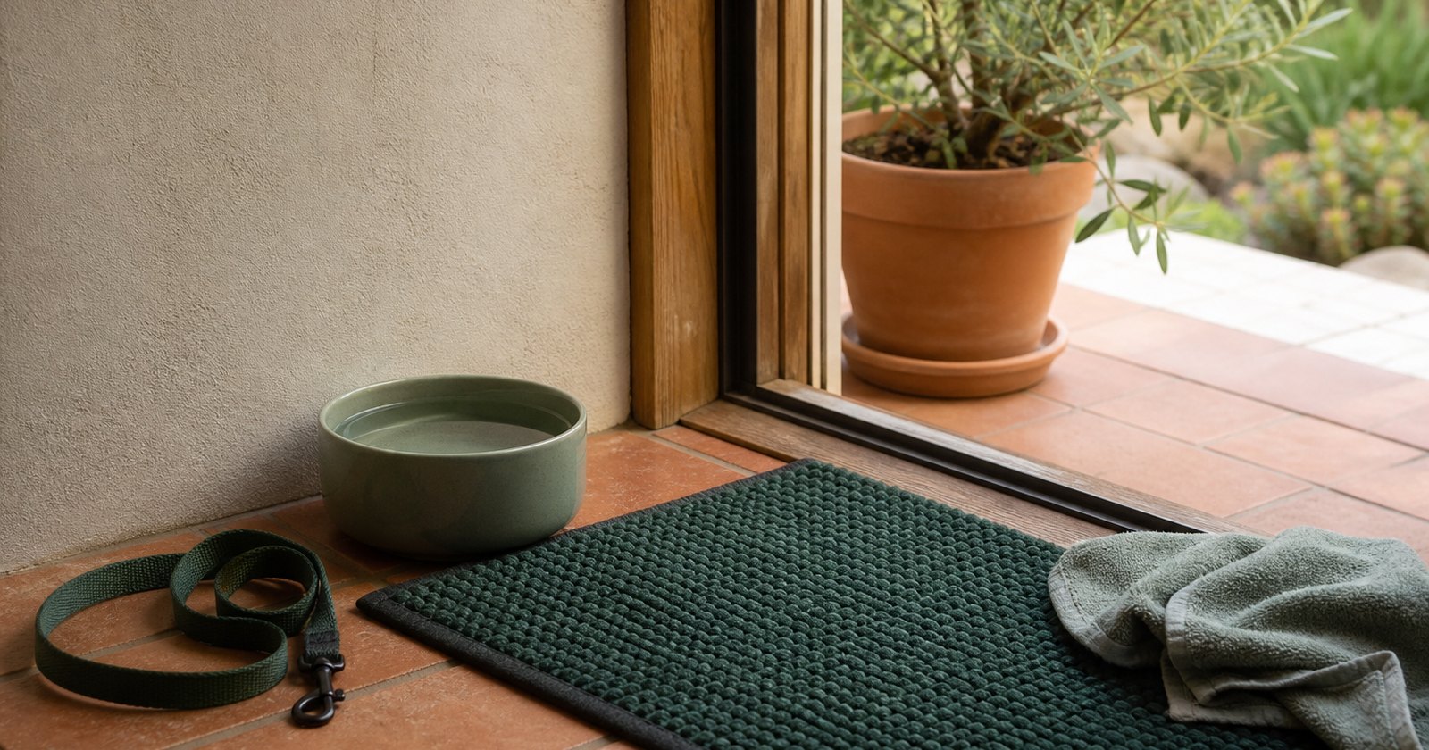 Simple water bowl, plain leash, and washable mat arranged beside a rental patio door