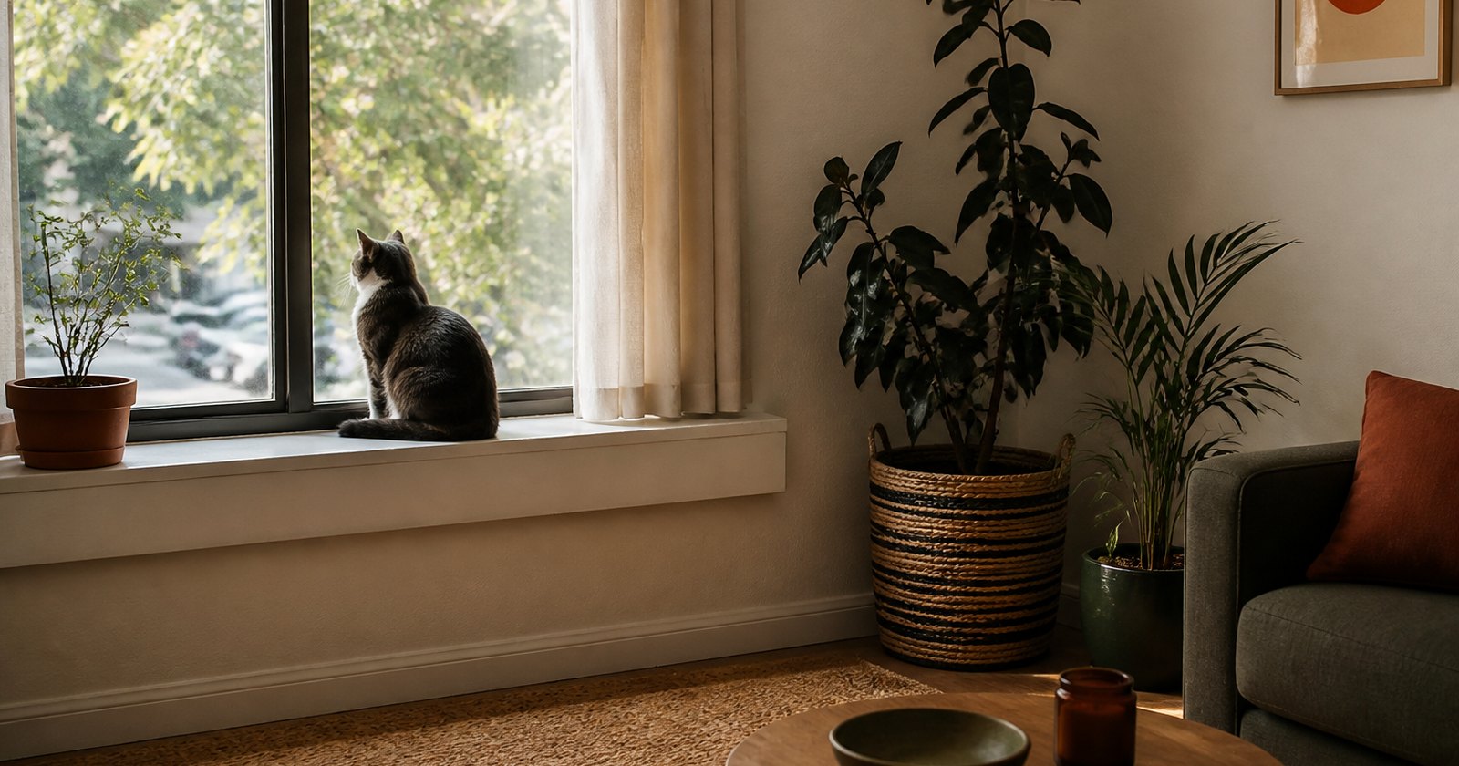 Calm cat seated beside a sunny window in a modest California rental apartment