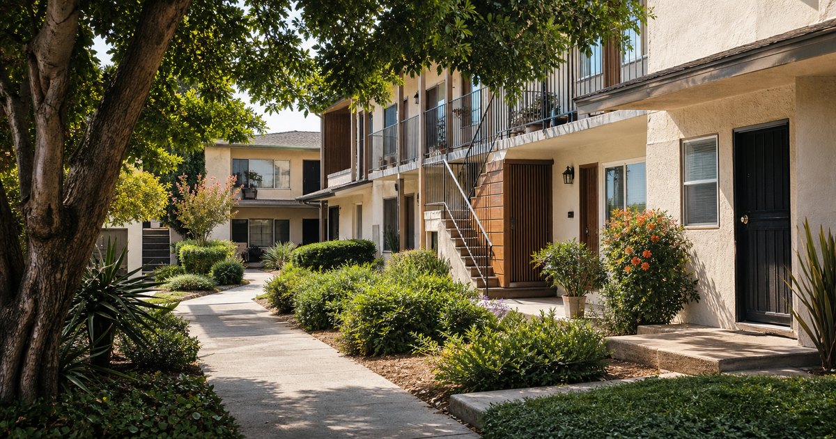 Modest, well-maintained Southern California apartment community with varied unit types and no leasing signage
