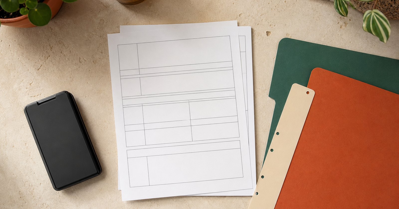 Organized rent-calculation workspace with blank worksheets, a closed calculator, folders, and a rental key