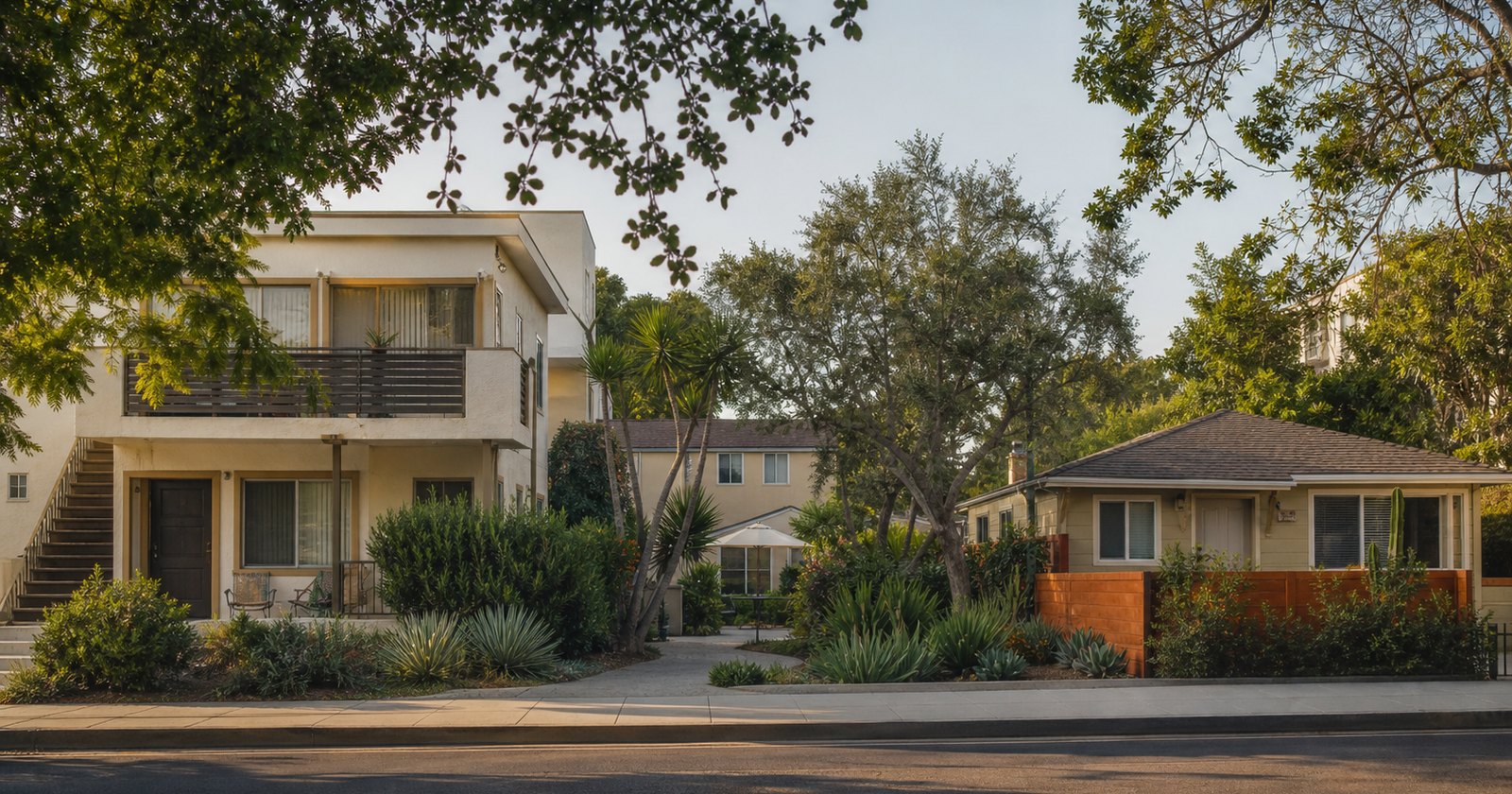 Varied modest rental homes along a Southern California neighborhood street