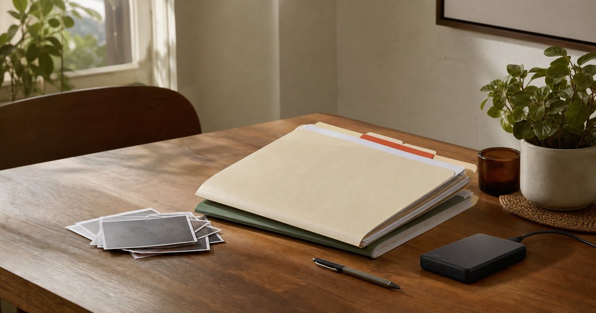 Organized evidence-response workspace with blank folders, property photographs turned face down, and a storage drive
