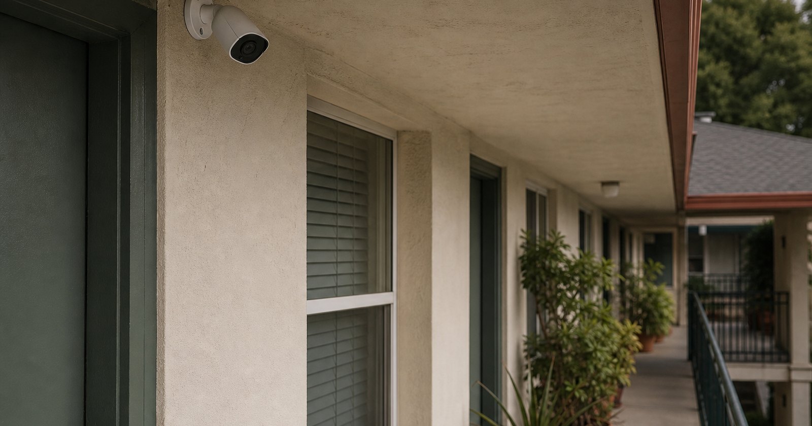 Unbranded security camera observing a clean apartment entry and shared walkway