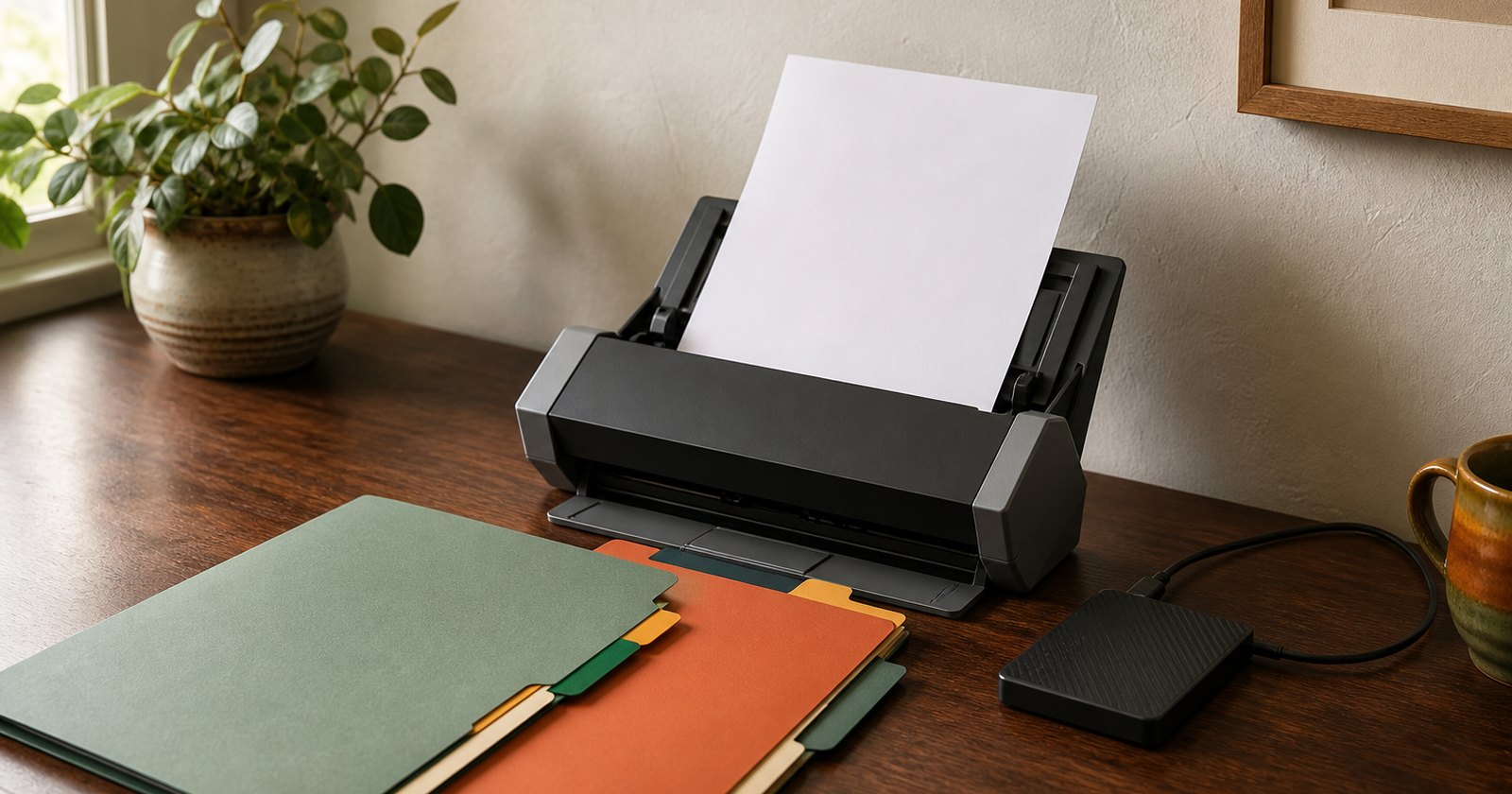 Document scanner, blank pages, archive drive, and neatly labeled-by-color folders with no readable text