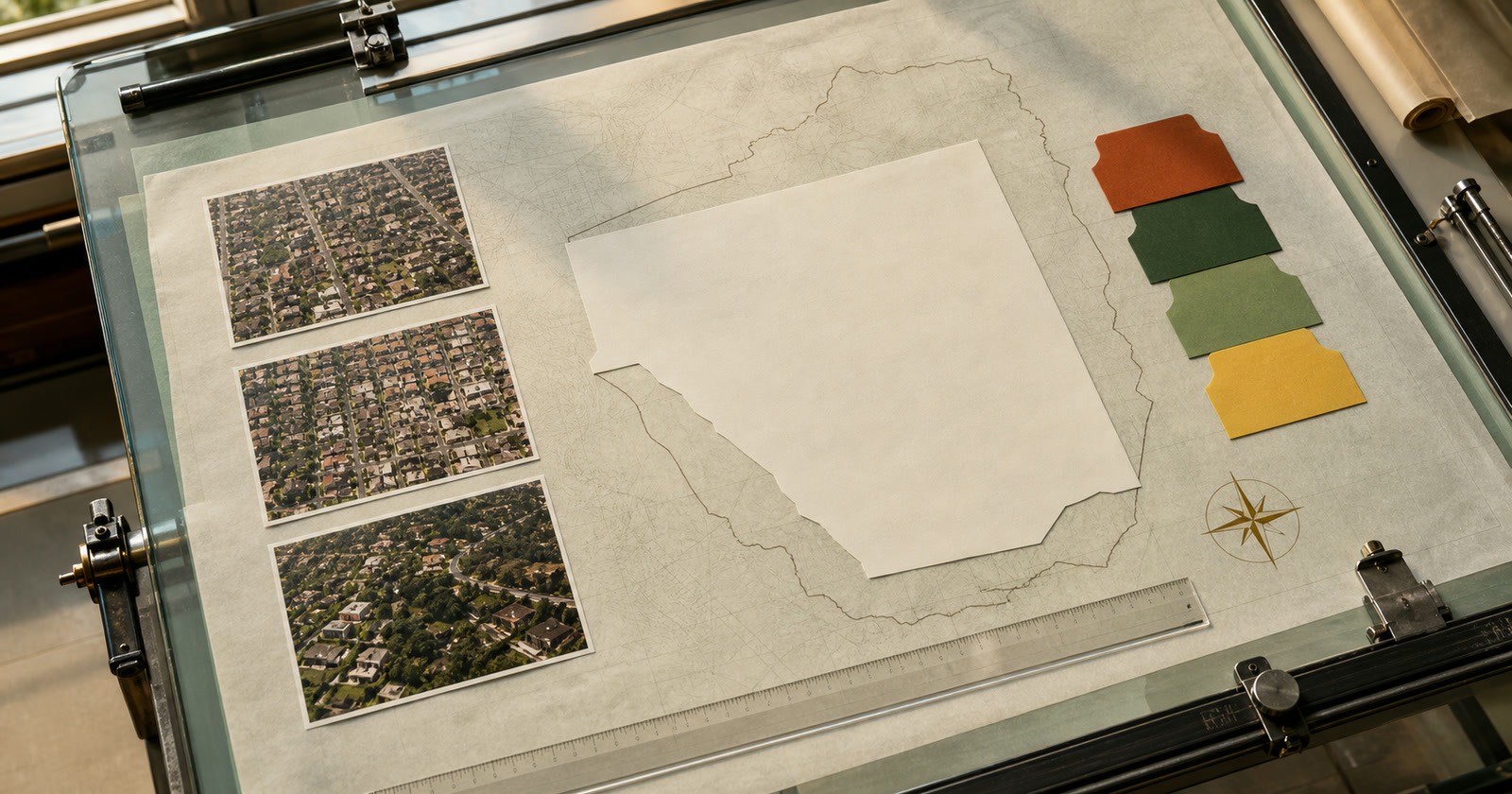 Unlabeled Los Angeles County jurisdiction outline with parcel overlay and aerial property photographs