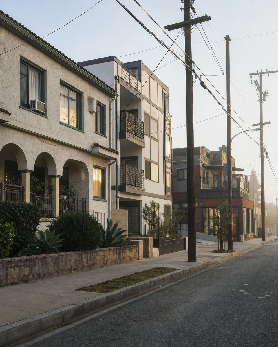 Rental buildings of different scales along a Los Angeles County boulevard