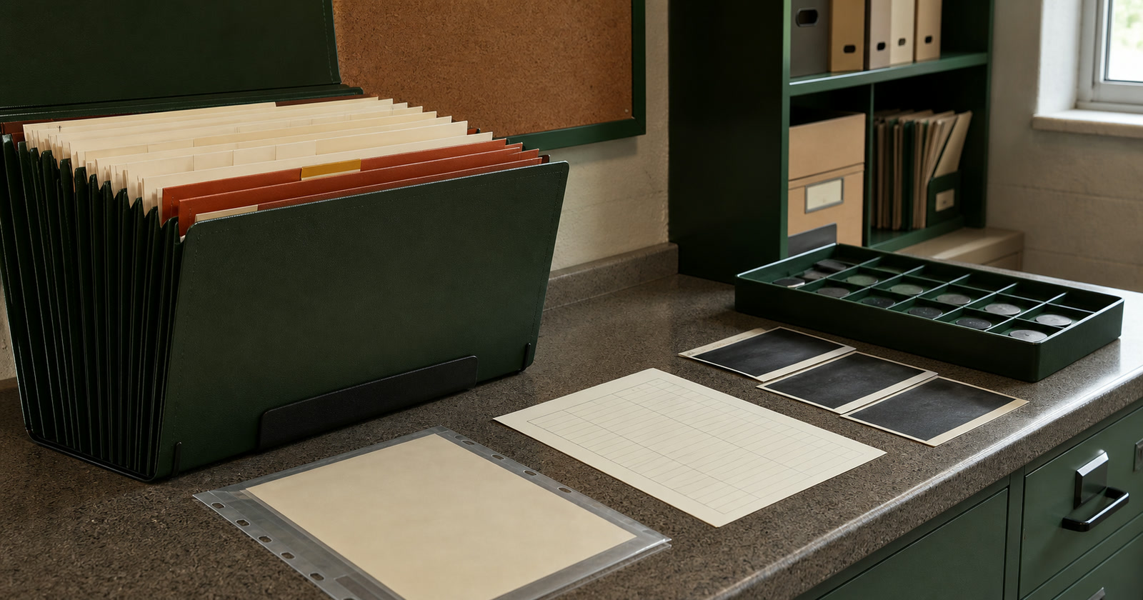 Organized county rental registry file with blank forms, dividers, property photographs, and fee tray