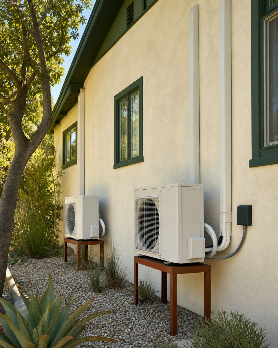 Heat-pump cooling equipment installed beside a modest Los Angeles County apartment building