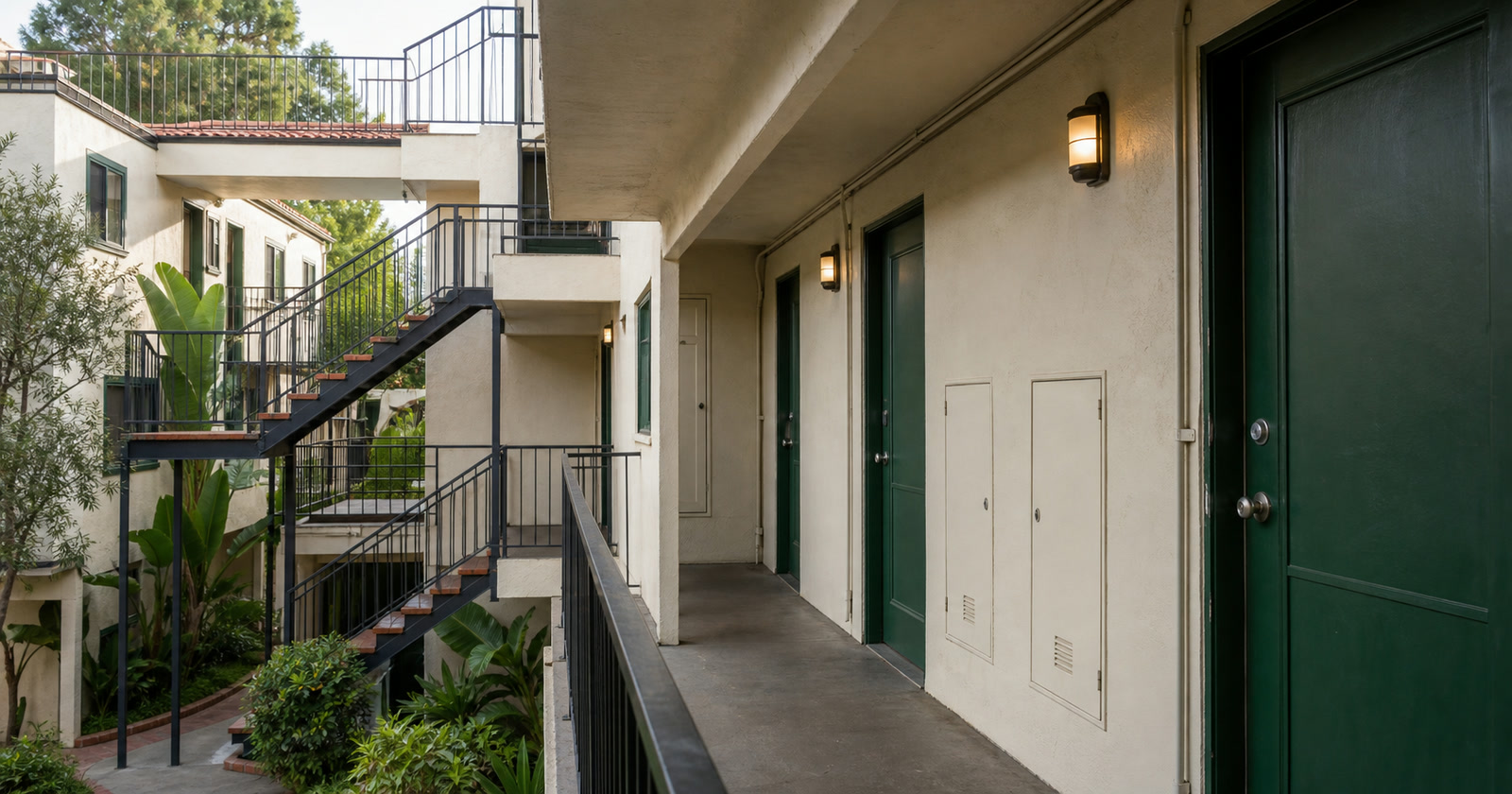Maintained exterior corridor, stairs, doors, and utility access at a Los Angeles apartment building
