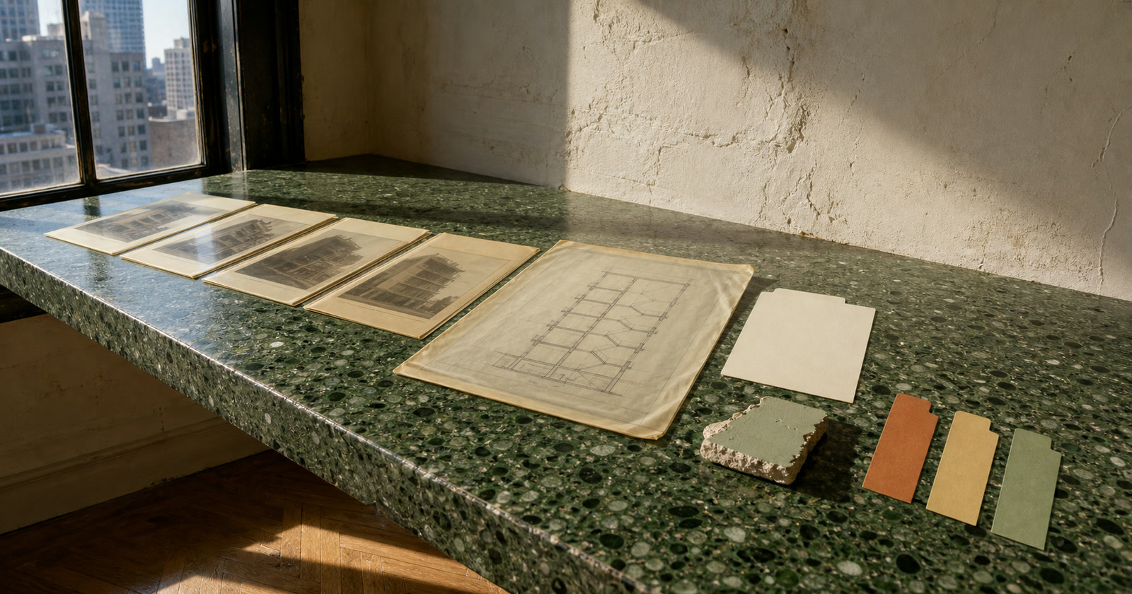 Chronological property photographs, blank building tracing, material sample, and era tabs