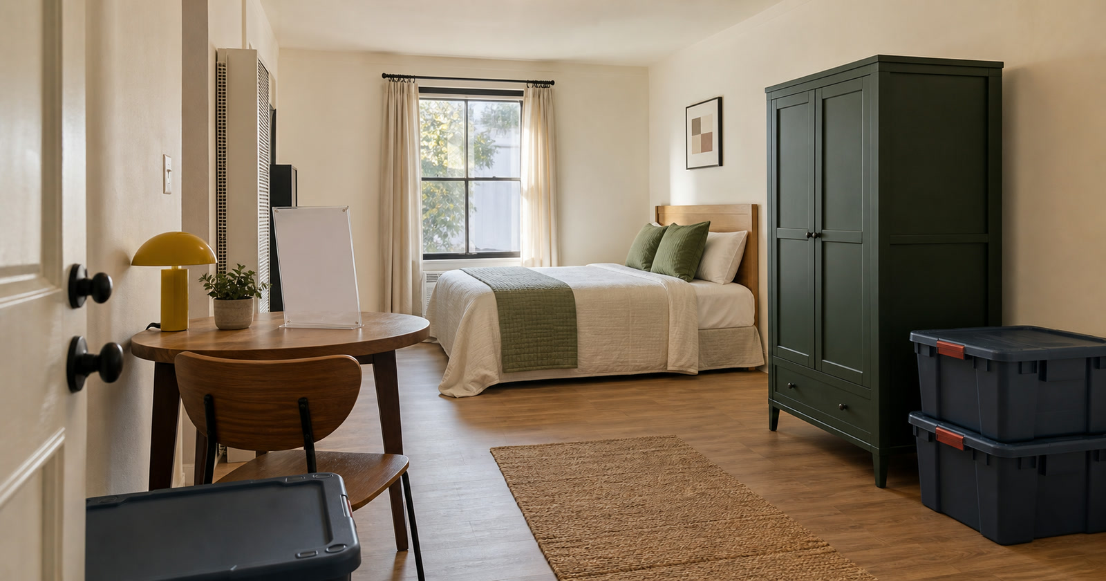 Modest furnished studio prepared for temporary relocation during property repairs