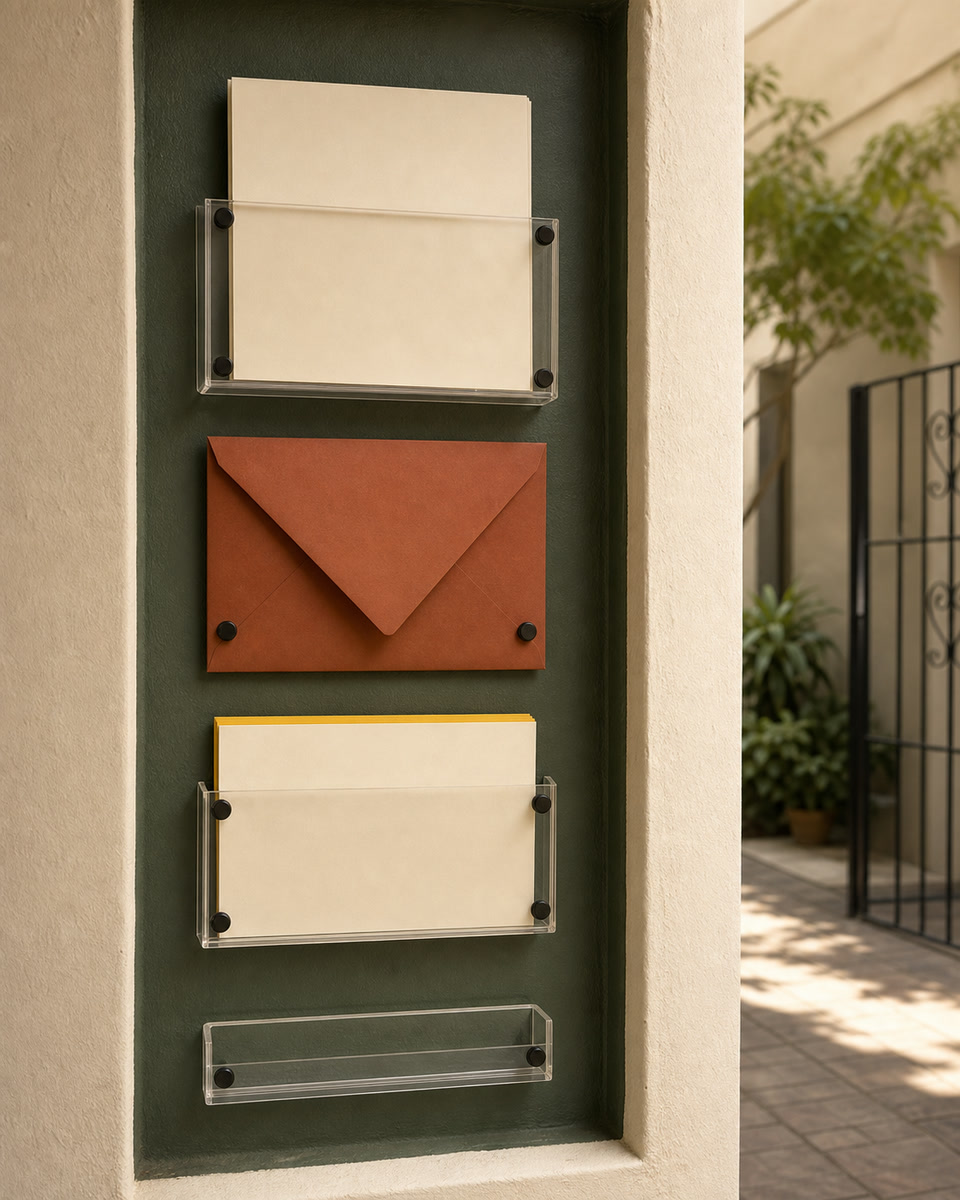Blank disclosure cards and a sealed envelope arranged in an apartment-entry filing niche