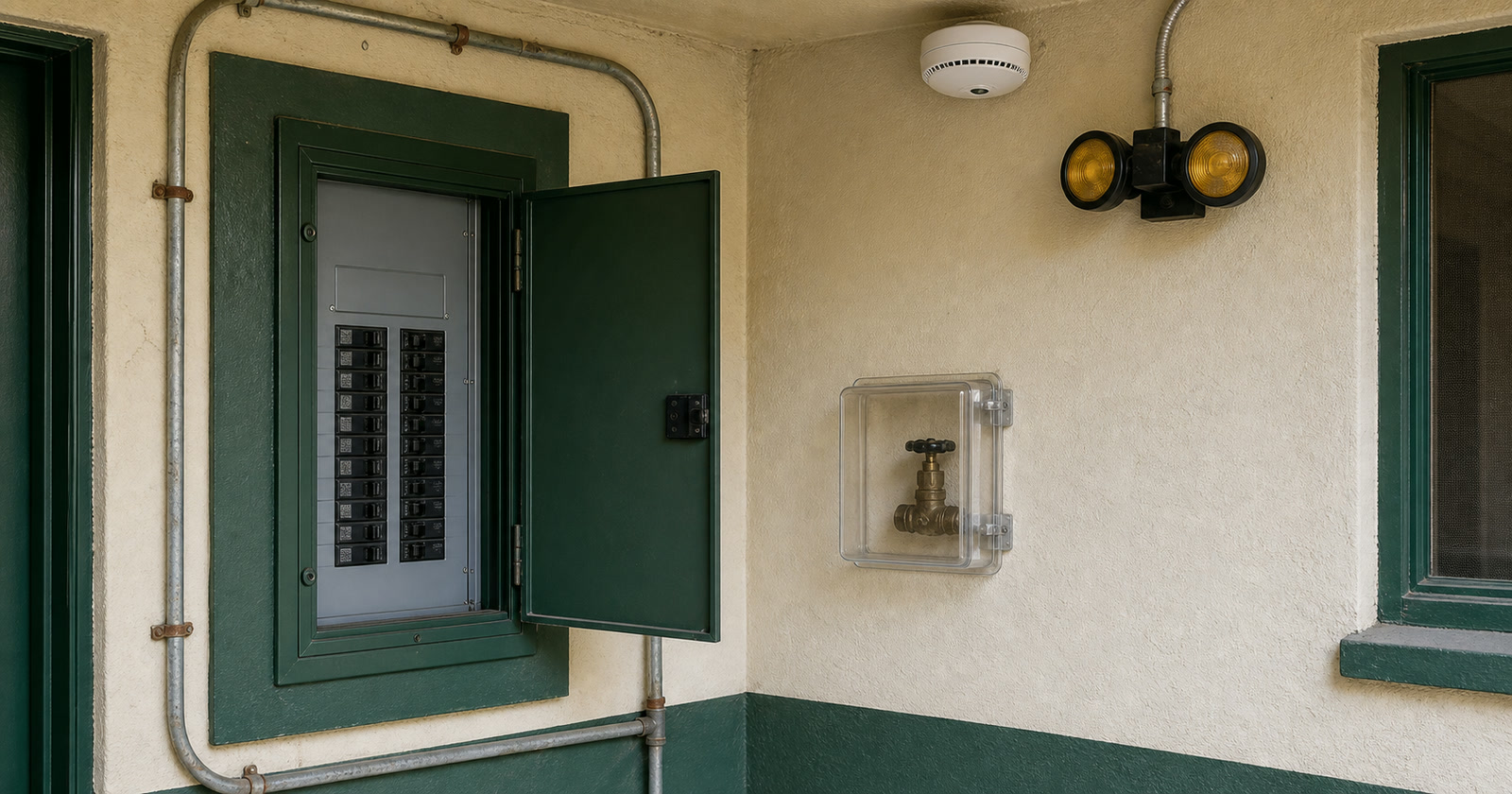 Apartment electrical panel, water shutoff, smoke alarm, and emergency lights arranged for systems review