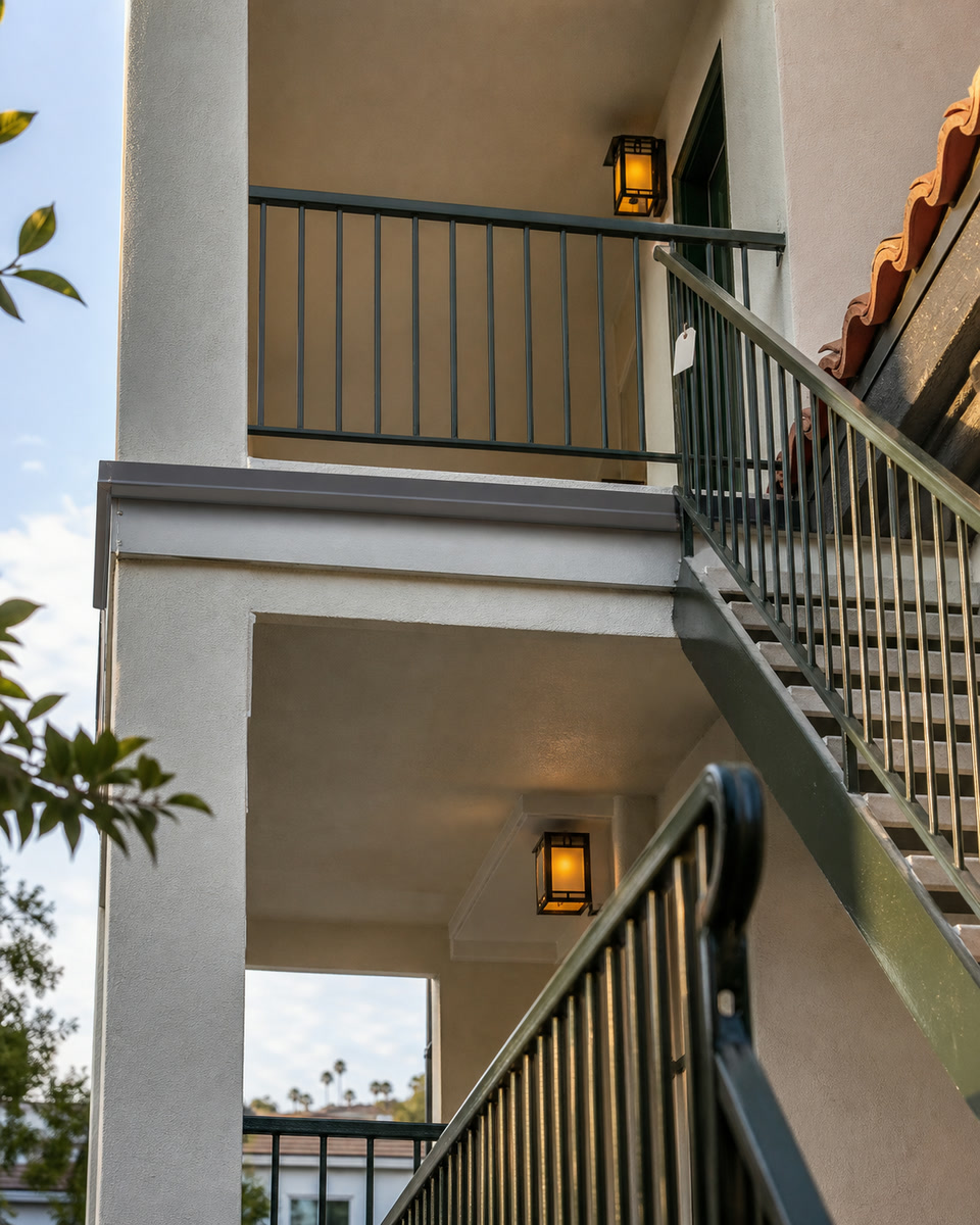 Repaired Los Angeles apartment stair tower with intact railings, lighting, flashing, and drainage
