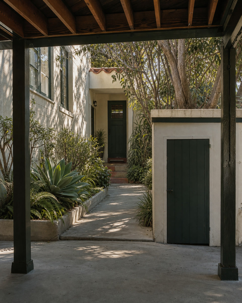 Covered parking bay with a direct path to a Santa Monica apartment entry