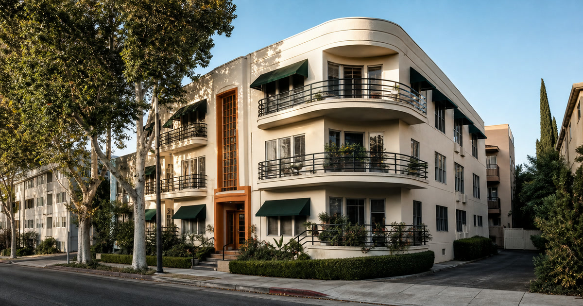 Streamline Moderne West Hollywood apartment building on a dense residential street