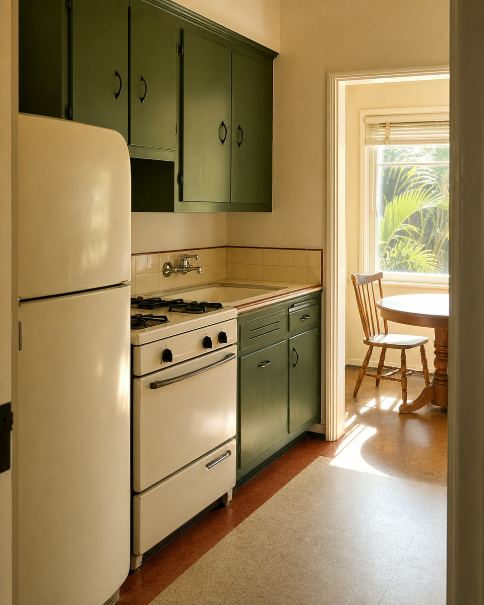Maintained West Hollywood apartment kitchen with supplied refrigerator, range, cabinets, and fixtures