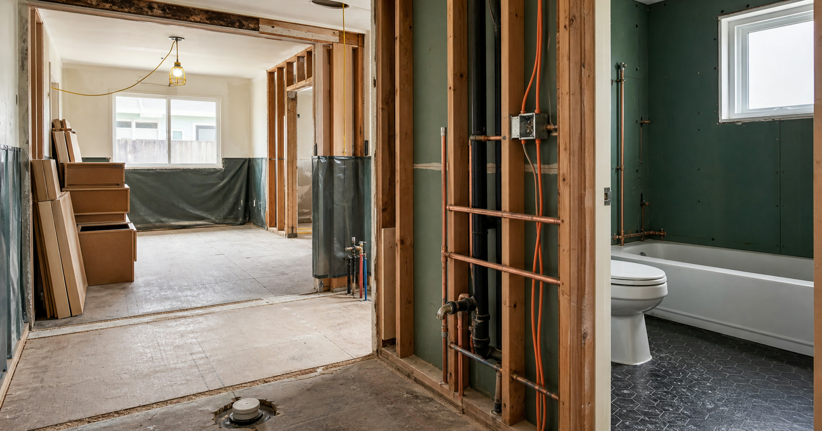 Vacant Long Beach duplex interior with structural plumbing and electrical remodel work