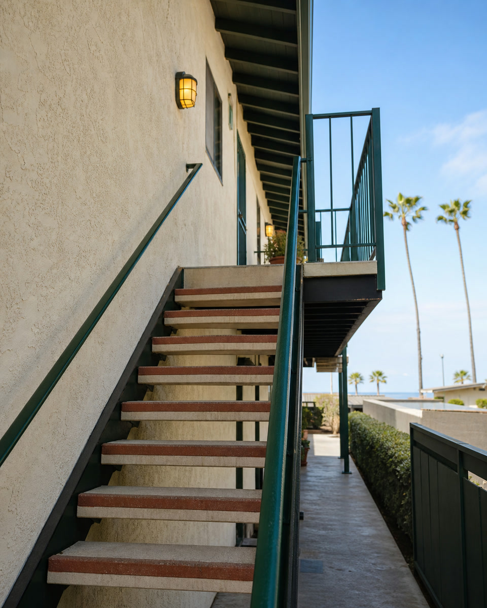 Maintained exterior stair and landing at a Long Beach apartment property