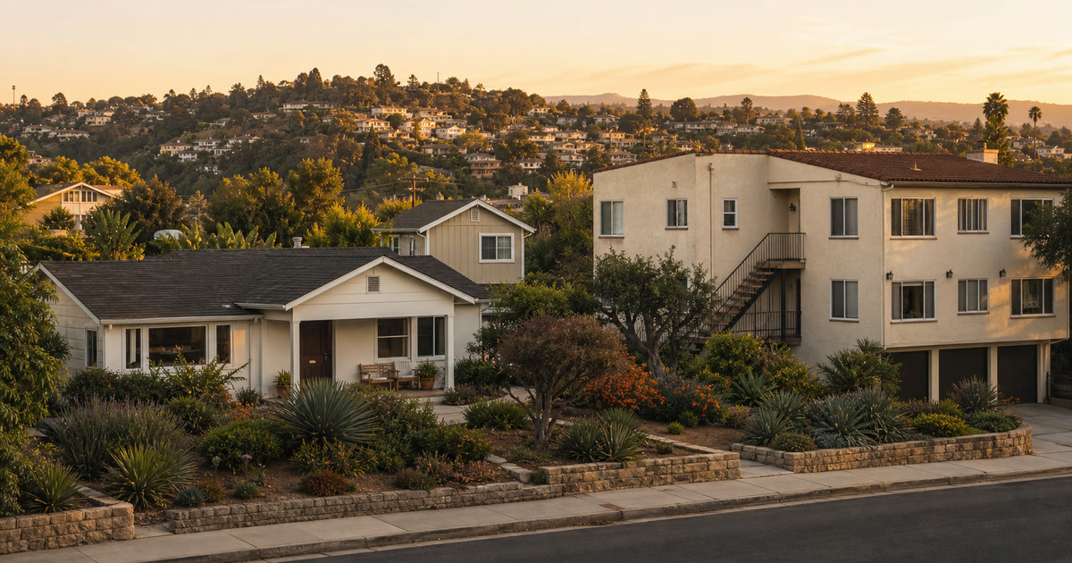 Orange County hillside rental neighborhood with bungalow, accessory unit, and small apartment building
