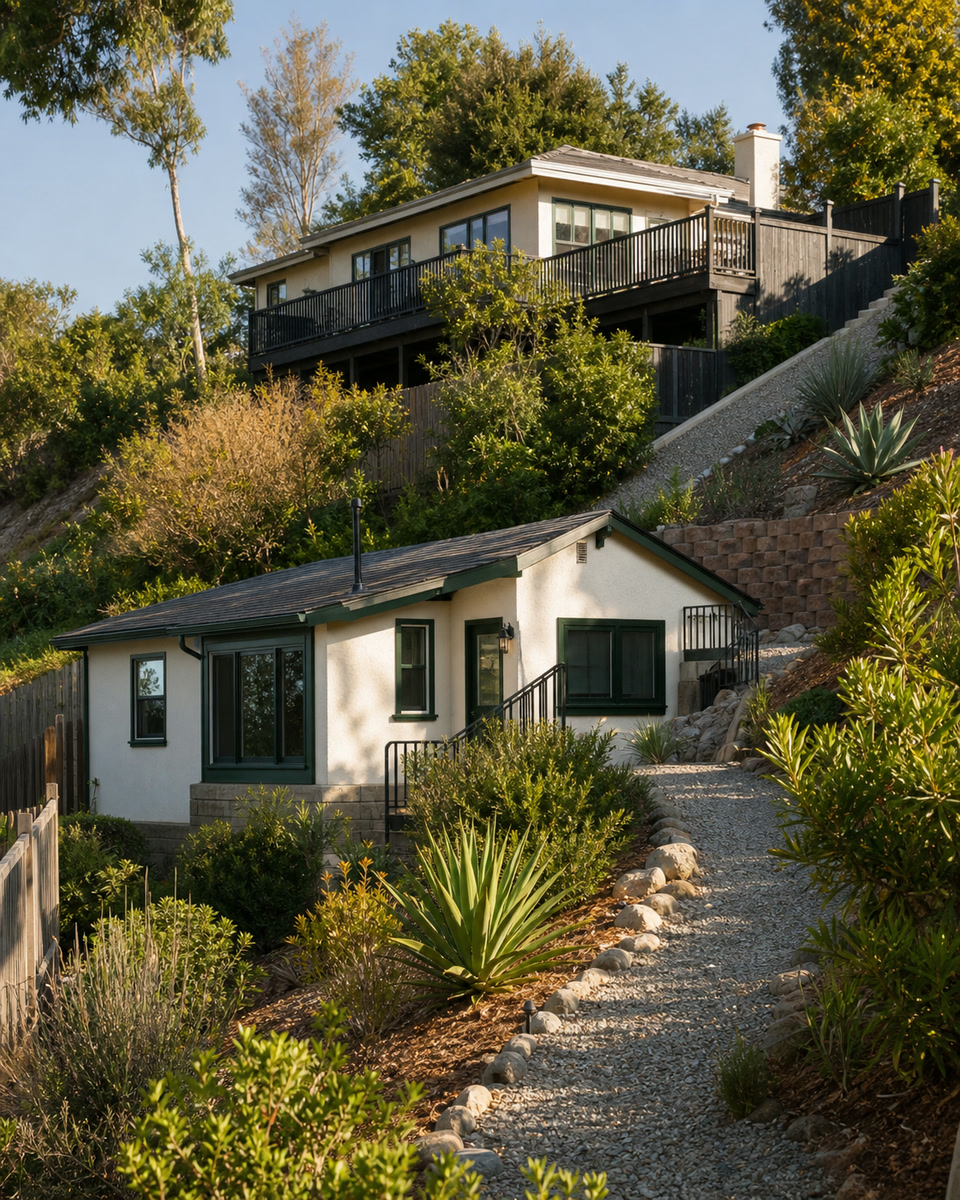 Orange County hillside accessory dwelling unit with native planting, fire break, and service path