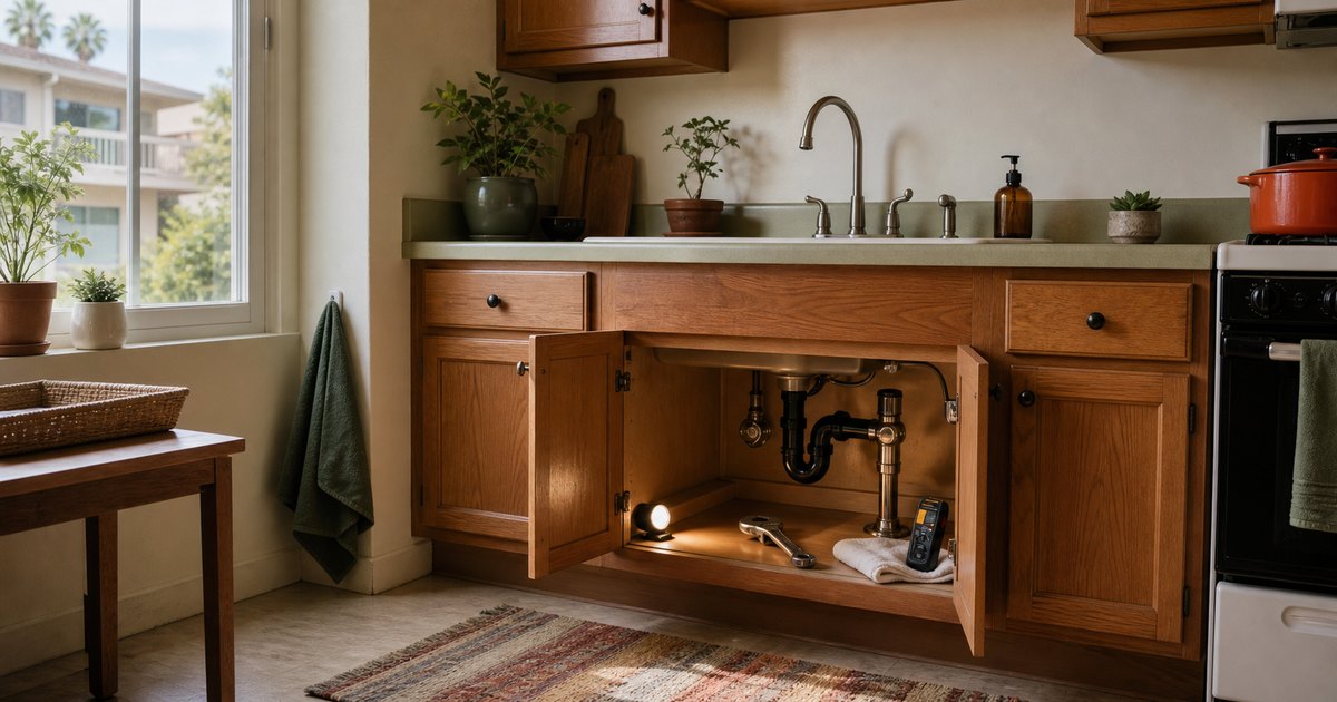 California rental kitchen with an opened sink cabinet and orderly plumbing repair tools