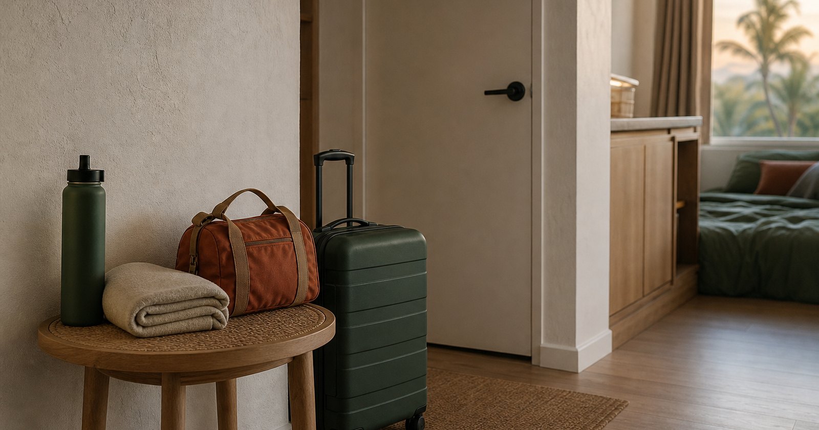 Packed suitcase and small overnight bag inside a clean temporary apartment entry
