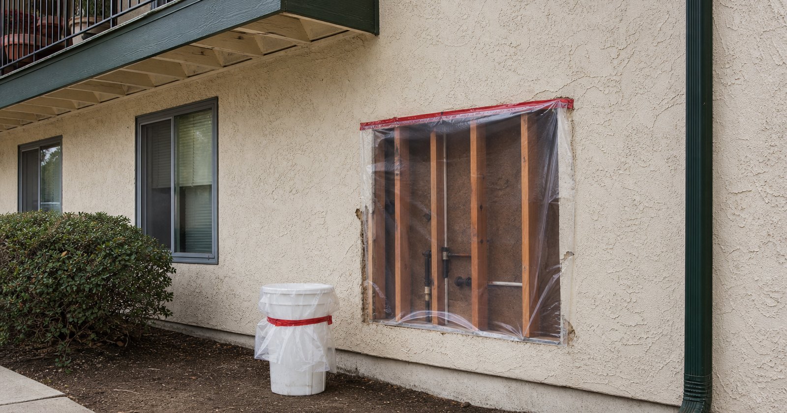 Contained exterior wall repair at a stucco California apartment after water intrusion