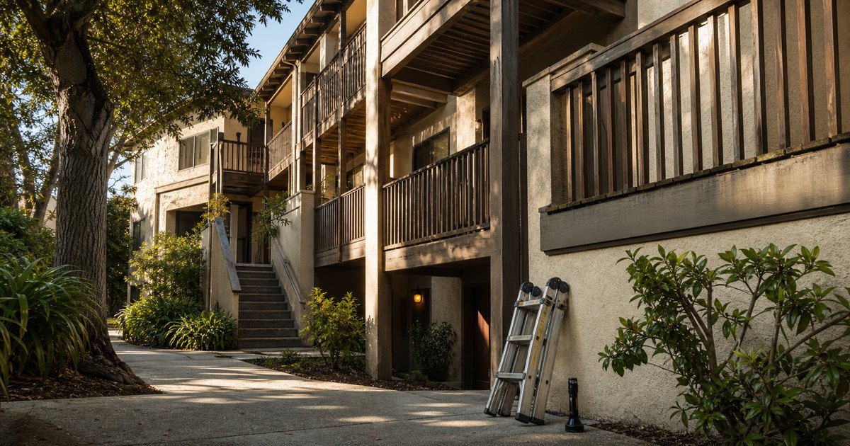 Exterior elevated balconies and walkway at a California apartment building prepared for inspection