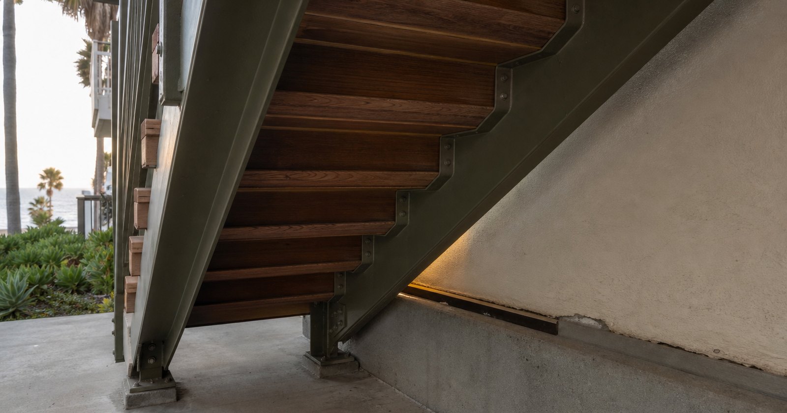 Structural connectors beneath an exterior apartment stair and elevated walkway