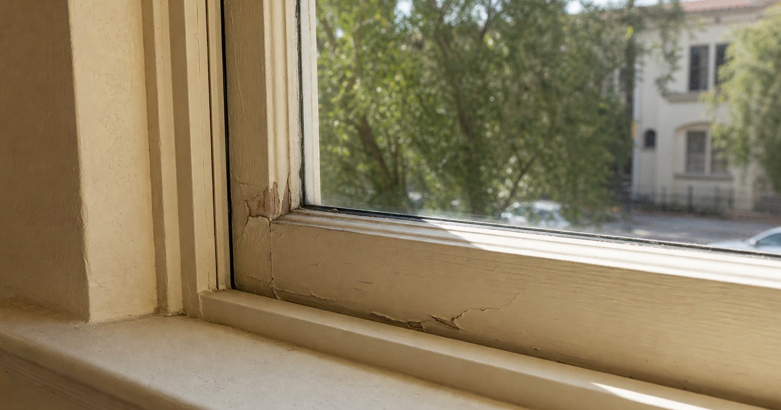 Weathered painted window frame in an older California rental with localized peeling paint