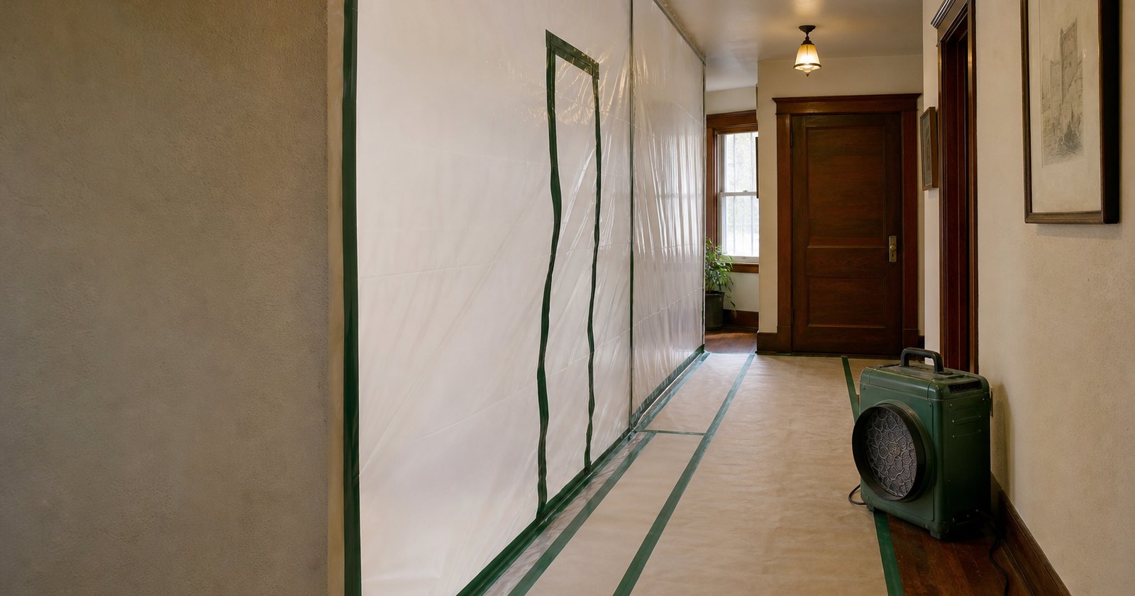 Sealed remediation work zone in an older California apartment with clear protective barriers