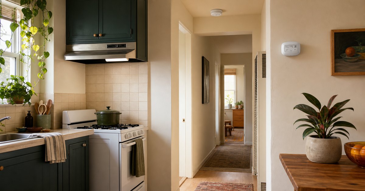 Modest California rental kitchen with visible smoke and carbon-monoxide alarms and clear exits