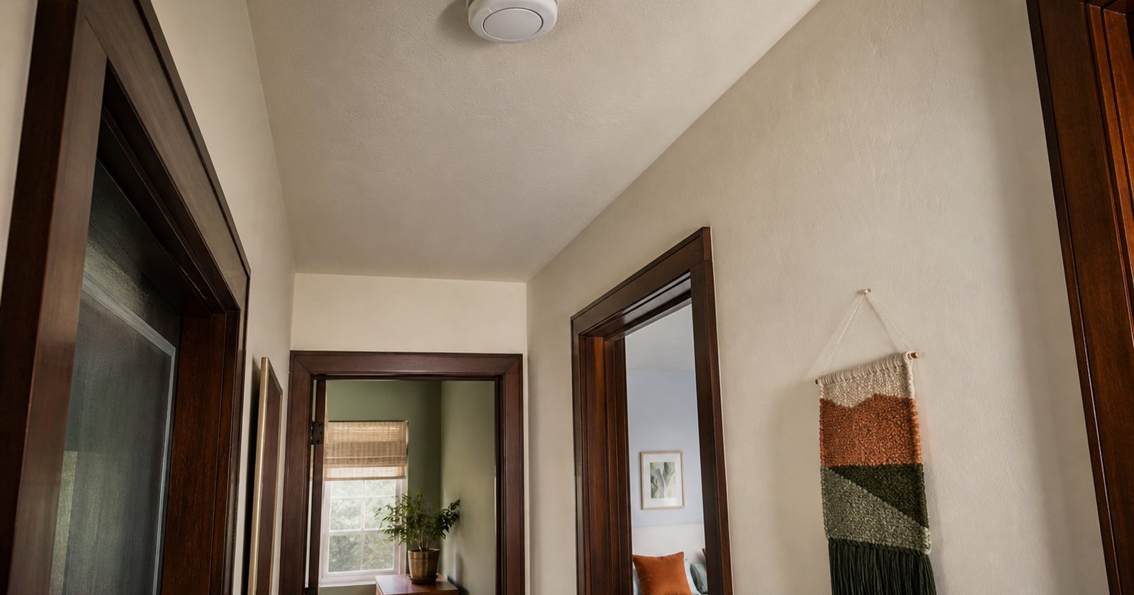 Ceiling-mounted smoke alarm above an unobstructed rental hallway