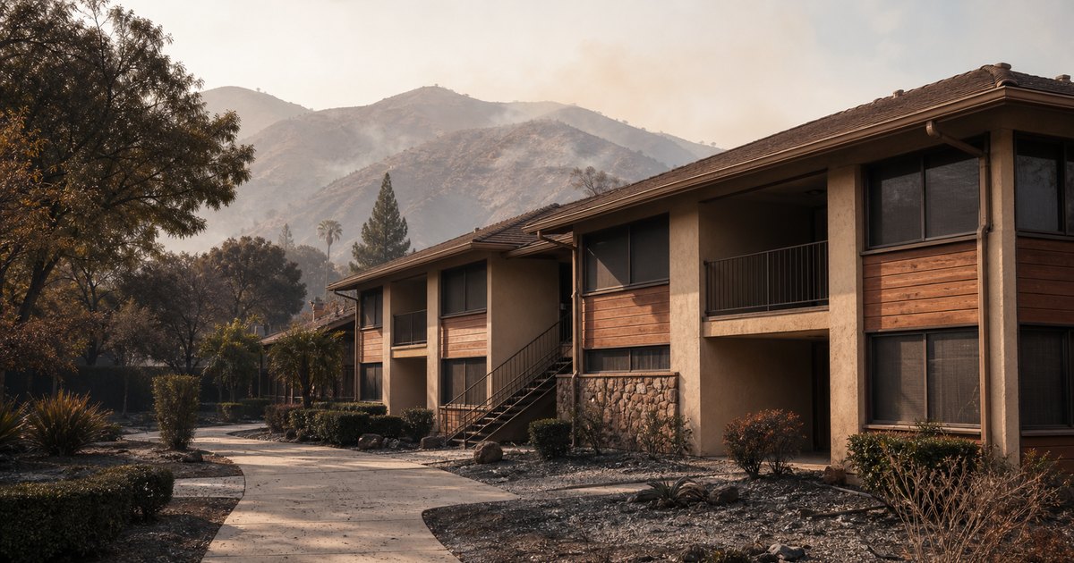 Intact California apartment exterior after nearby wildfire smoke and ash, awaiting assessment