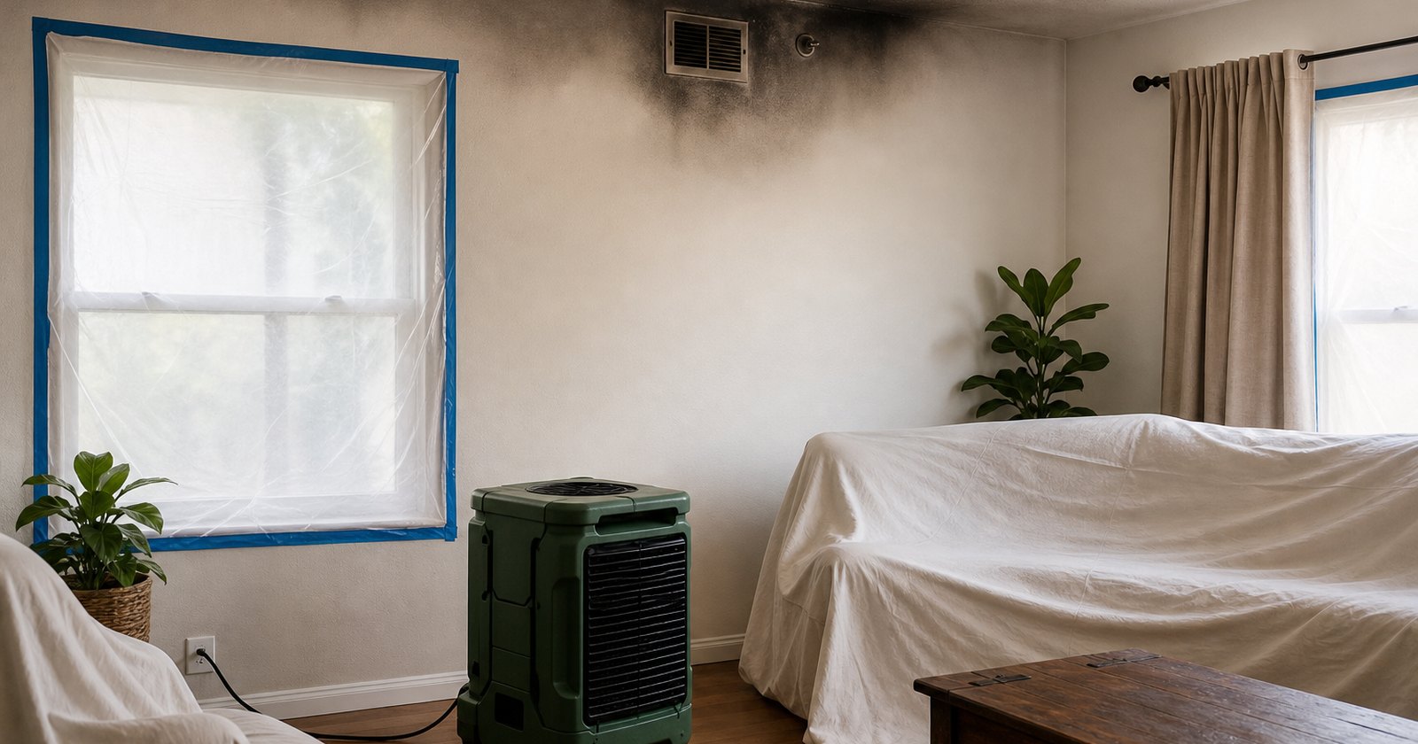 Rental interior with light soot residue, covered furnishings, and unbranded air-filtration equipment