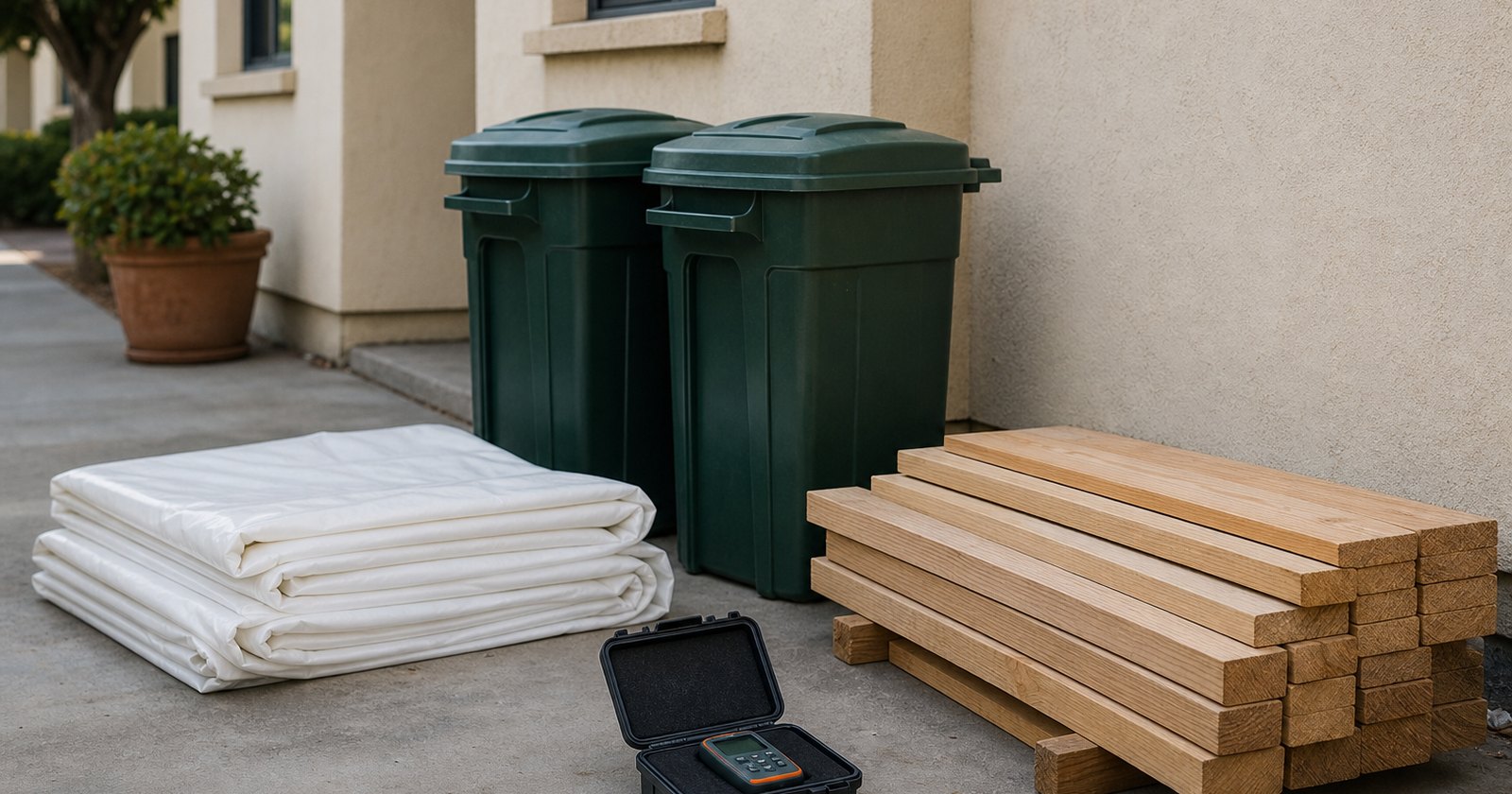 Orderly post-disaster debris-remediation staging area with sealed bins and clean protective sheeting