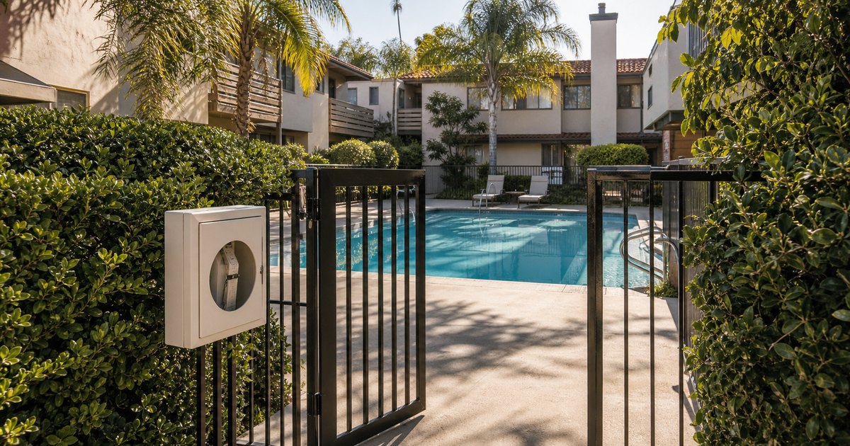 Secure fenced community pool at a Southern California apartment property with a clear deck