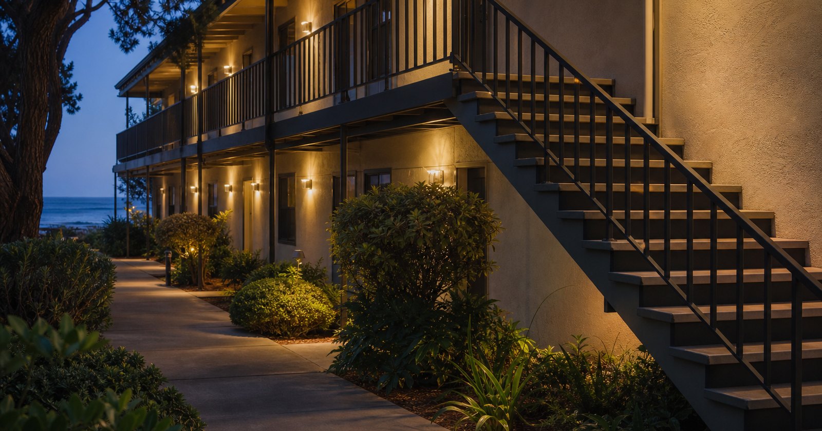 Well-lit exterior apartment stair and walkway with secure railings and clear footing