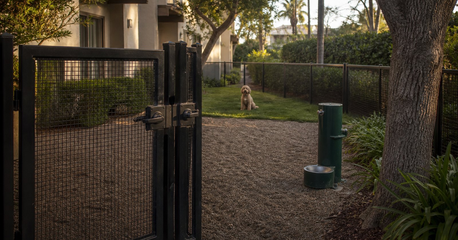 Secure fenced dog yard and double-latched gate in a California rental community