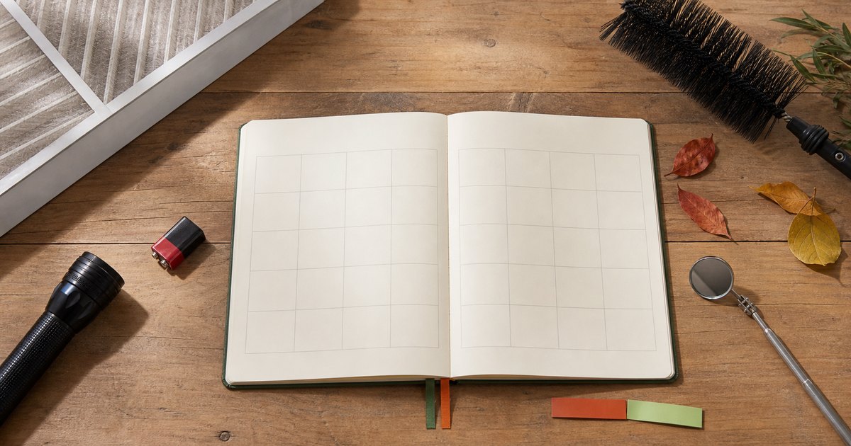 Blank annual planner surrounded by rental-maintenance tools, keys, and seasonal property-care items