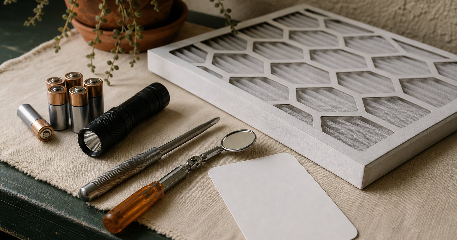 Smoke-alarm batteries, HVAC filter, flashlight, and inspection mirror arranged for an annual rental check