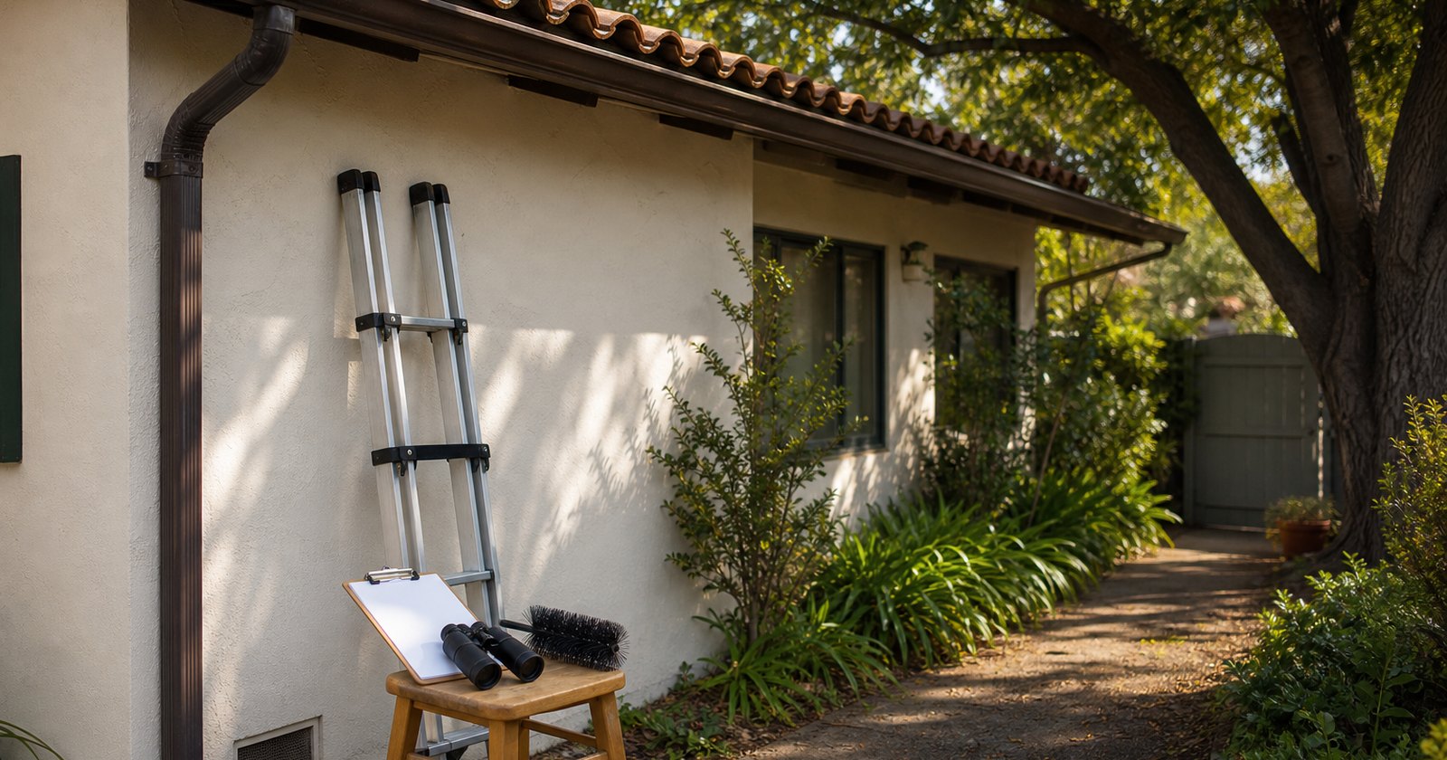 Ladder, gutter brush, binoculars, and blank clipboard staged for an exterior rental-property check