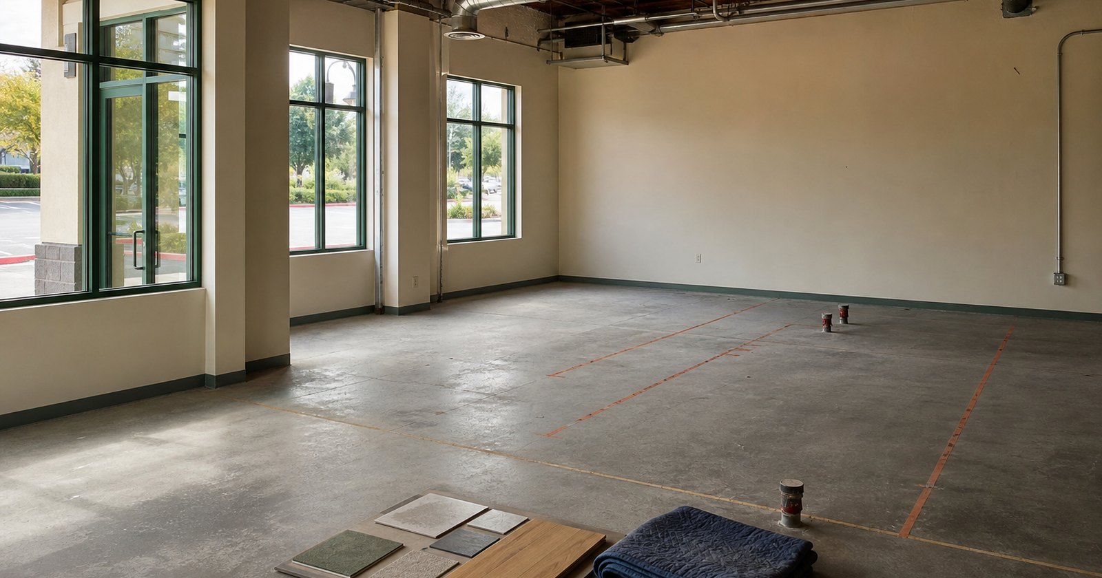 Vacant commercial suite with finish samples and measured tenant-improvement planning marks