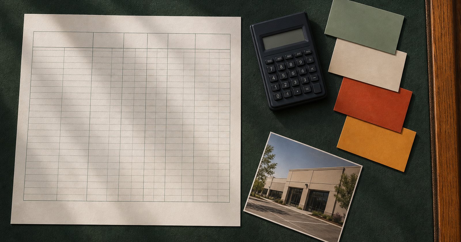 Blank expense grid, calculator, utility cards, and property photograph arranged for CAM review