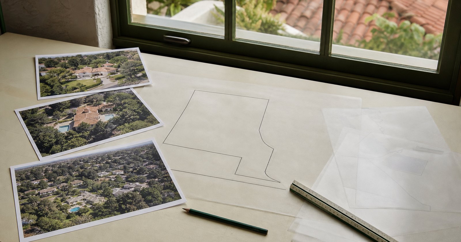 Blank parcel diagram, aerial property photographs, ruler, and transparent overlays on a diligence table