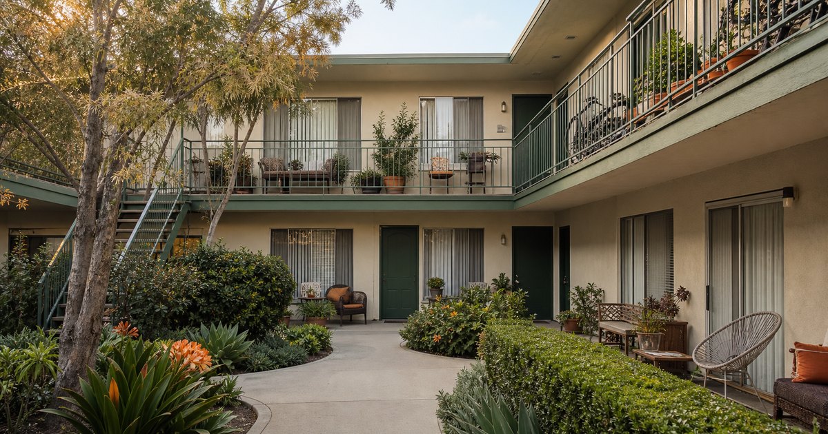 Occupied California multifamily property with lived-in balconies and shared courtyard
